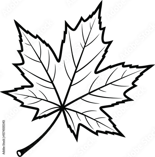 A simple black and white line drawing of a maple leaf, perfect for autumn designs, educational resources, or coloring pages with its clear and crisp outline.