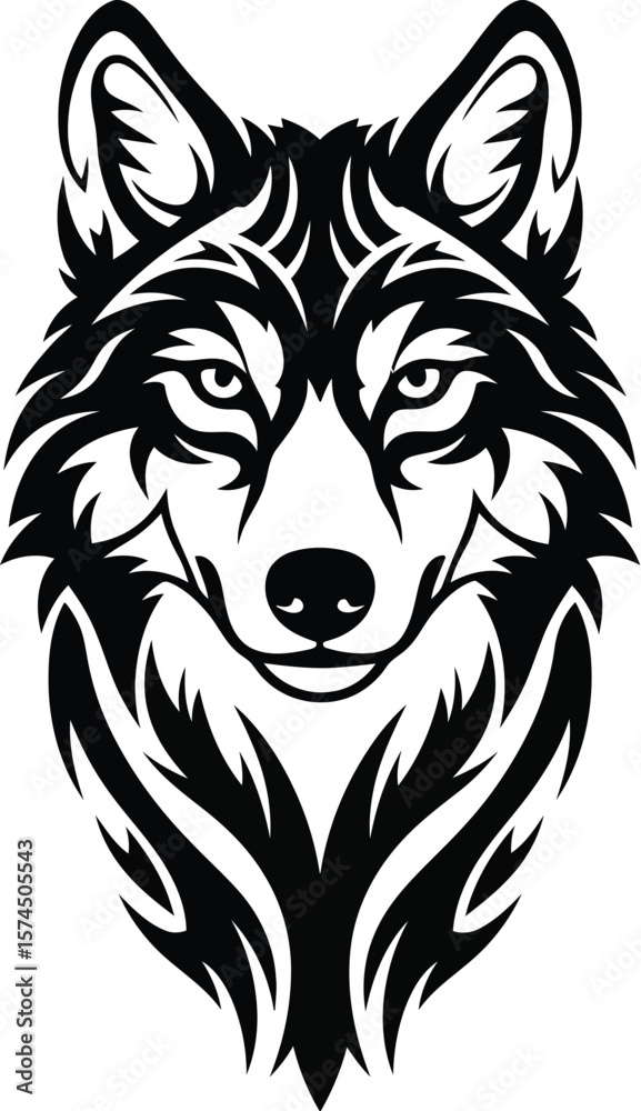 Naklejka premium Majestic wolf head illustration showcases intricate tribal tattoo design in monochrome, perfect for wildlife and nature themes.
