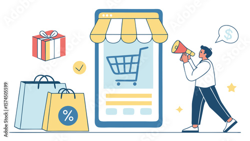 Flat Business Online Shopping and Payment Concept – Smartphone App Technology with Cartoon Character Illustration (AI Generated)