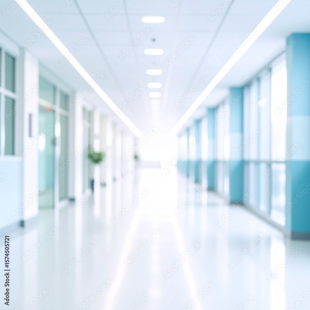 Obraz premium Bright, empty defocused hospital corridor background with copy space.