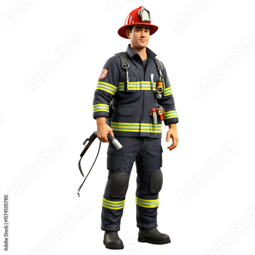A 3D character of a firefighter in a dark blue uniform holding a fire hose - AI Generated