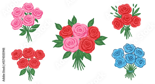 Colorful crayon-drawn collection of rose bouquets, decorative element for design projects on white background

