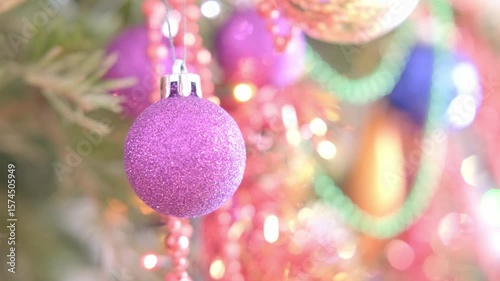 Christmas bauble Hanging On Fir Branches With Glittering, Christmas Tree With Ornaments, Abstract blur transition background, Bokeh effect with Christmas garlands