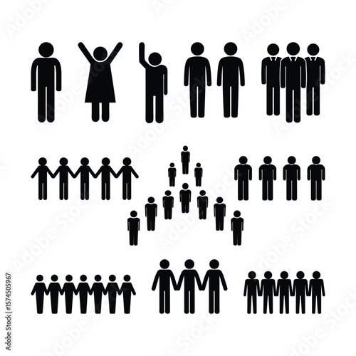 Collection of black human silhouette icons showing groups, teamwork, and individual poses. Perfect for infographics, business, and social design concepts.