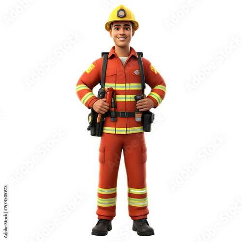 A full-body 3D character of a firefighter in an orange uniform with full gear - AI Generated