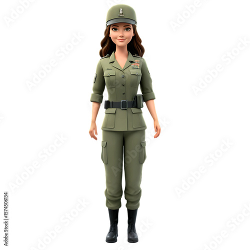 A 3D character of a female army officer in a solid green dress uniform and cap - AI Generated