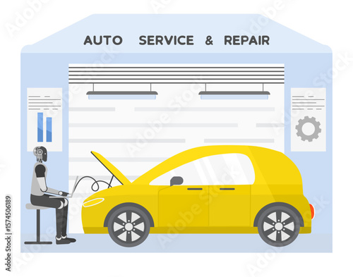 Auto service garage with robot mechanic repairing yellow car hood open, conceptual background
