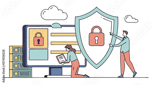 Business Technology Cloud Computing Server Storage and Cloud Security – Flat Vector with Administrator and Developer Team Working Together (AI Generated)