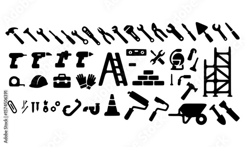 Collection of Black and White Construction Tool Icons