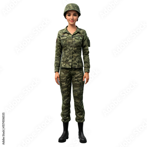 A full-body 3D character of a female soldier in a green camouflage uniform and helmet - AI Generated