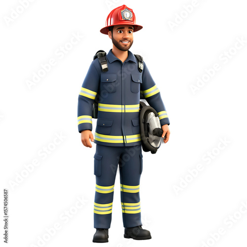 A 3D character of a friendly bearded firefighter in a blue uniform, holding equipment - AI Generated