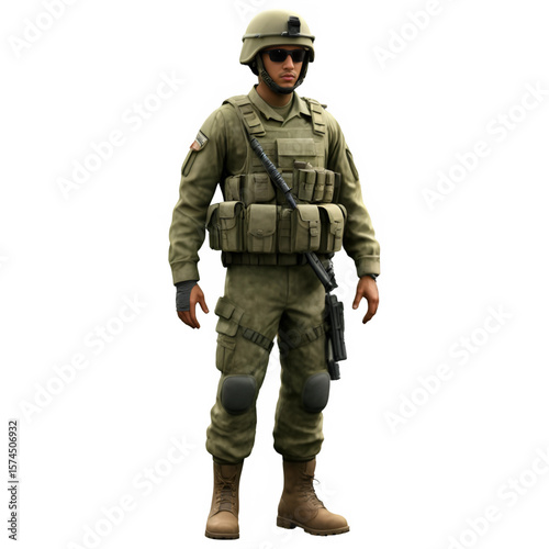 A realistic 3D model of a male soldier in combat gear with sunglasses and a rifle - AI Generated