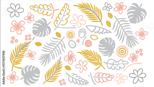 Assorted tropical leaves and flowers in pastel colors scattered on a white background design element