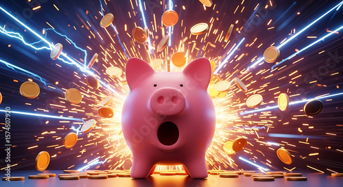 Pink piggy bank surrounded by exploding gold coins financial growth savings concept