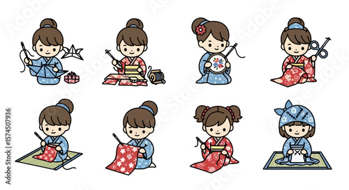 Kimono Girls Crafting: Cute Kawaii Illustration Set