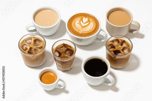 Coffee Assortment: An overhead shot showcases an array of meticulously crafted coffee drinks, from the bold espresso to the creamy latte, inviting a moment of caffeine delight.