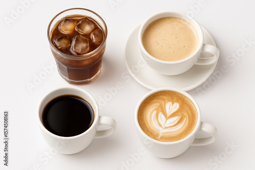 Coffee Assortment: A delectable spread of various coffee drinks in cups and a glass, including iced coffee, latte, espresso, and cappuccino, evoking the aroma and taste of a coffee shop.