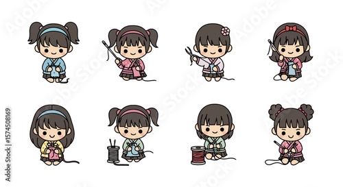 Korean Girl Sewing Set: Chibi Dolls in Traditional Hanbok