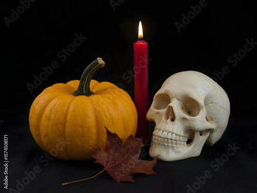 Halloween skull and pumpkin ghost on black background