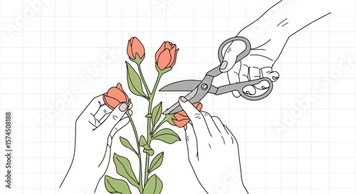 Floral Arrangement: Hands Cutting Roses with Scissors