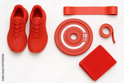 Fitness Gear in Red: A dynamic array of red fitness equipment is arranged on the floor, representing a lifestyle centered around health, sport, and training.