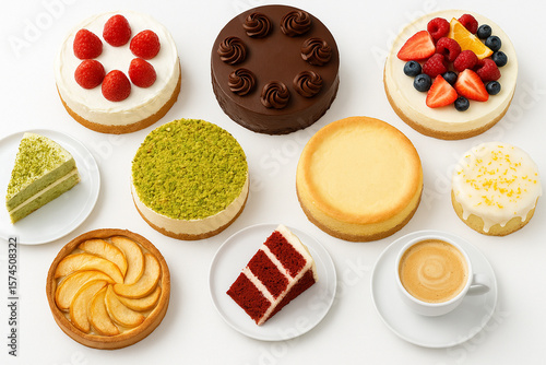 Culinary Delight: A tempting array of delectable cakes and a cup of coffee are arranged for a celebration, showcasing their varied textures, vibrant colors, and appetizing presentation.