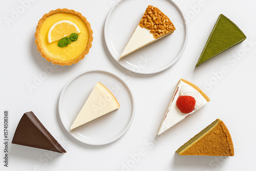 Delightful Dessert Selection: An array of tantalizing cake slices and tarts, artfully arranged on clean white plates, creating a visual feast for dessert lovers. 