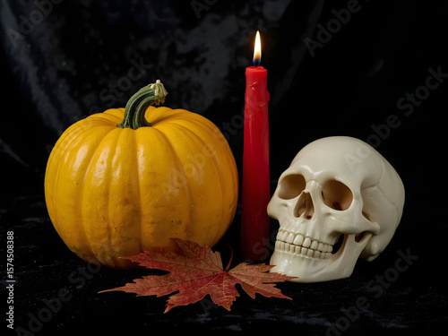 Halloween skull and pumpkin ghost on black background