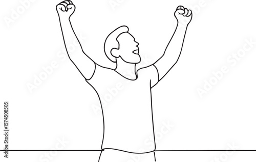Happy Man Raising Arms Cheering Line Drawing Illustration