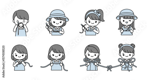 Kawaii Girls Tying Knots: Step-by-Step Illustration
