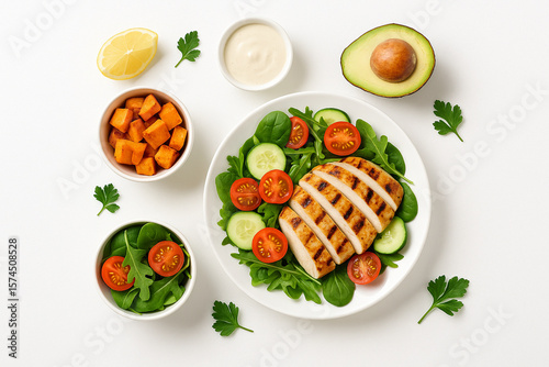 Grilled Chicken Salad with Sweet Potato: A healthy and delicious grilled chicken breast sits atop a vibrant mix of fresh greens, juicy cherry tomatoes, and crisp cucumber slices.