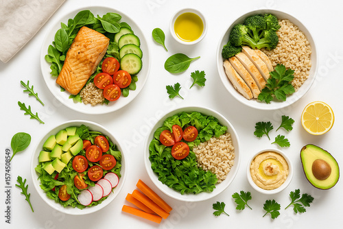 Healthy Meal Prep Bowls: A vibrant collection of healthy meal prep bowls featuring salmon, chicken, avocado, quinoa, and fresh vegetables. Perfect for a balanced and delicious diet.