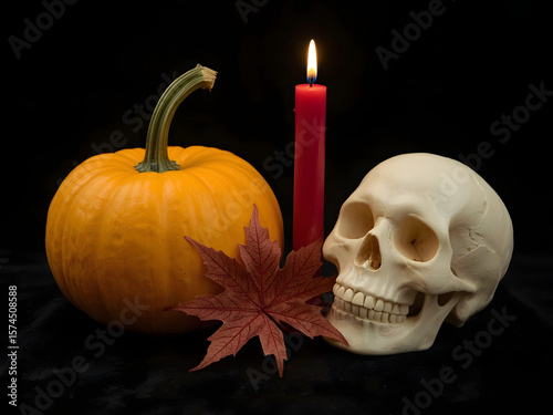 Halloween skull and pumpkin ghost on black background