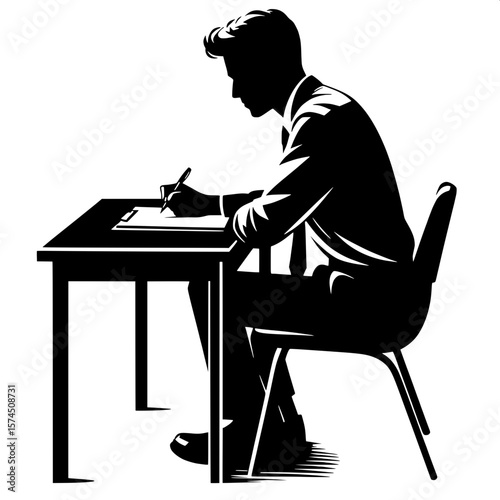 Black and White Vector Silhouette of a Man Writing on a Notepad