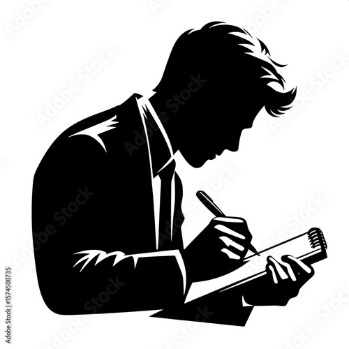 Black and White Vector Silhouette of a Man Writing on a Notepad