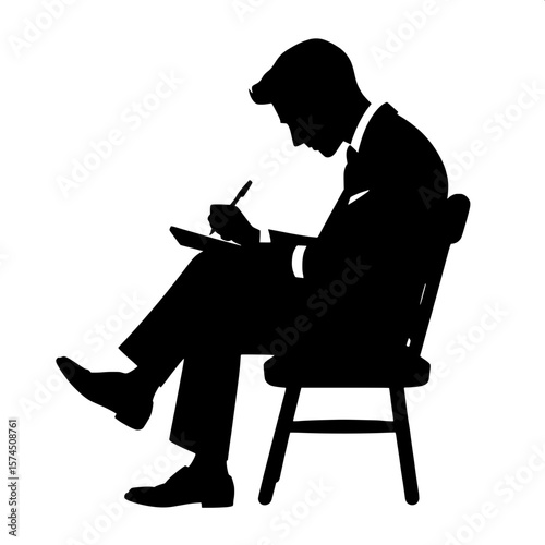 Black and White Vector Silhouette of a Man Writing on a Notepad