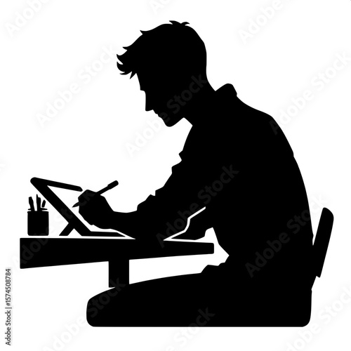 Black and White Vector Silhouette of a Man Writing on a Notepad