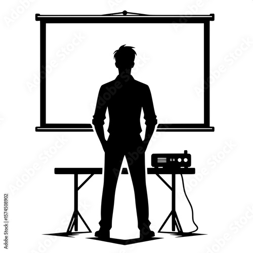 Black and White Vector Silhouette of a Man Presenting to a Screen