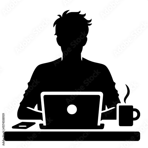 Black and White Vector Silhouette of a Man Typing on Laptop