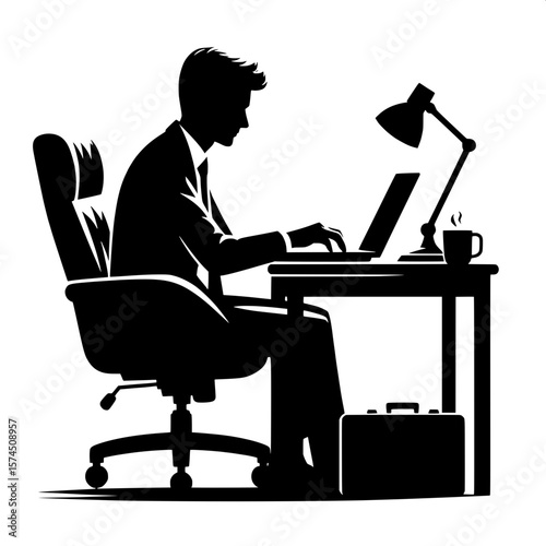 Black and White Vector Silhouette of a Man Typing on Laptop