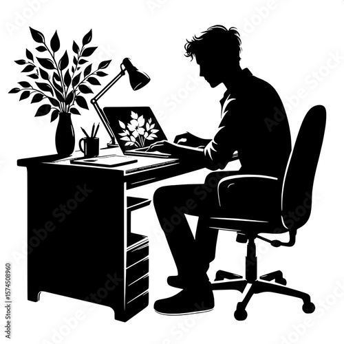 Black and White Vector Silhouette of a Man Typing on Laptop