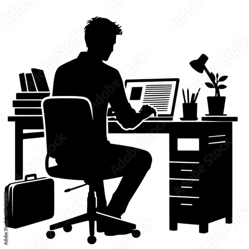 Black and White Vector Silhouette of a Man Typing on Laptop