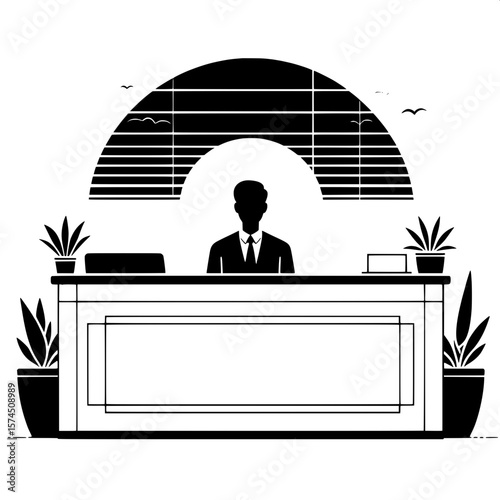 Black and White Vector Silhouette of Office Reception Desk