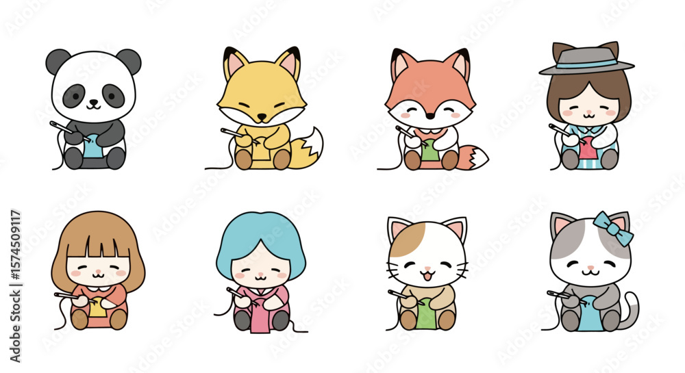 Obraz premium Cute Animals and People Knitting Kawaii Style