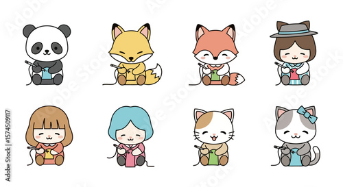 Cute Animals and People Knitting Kawaii Style