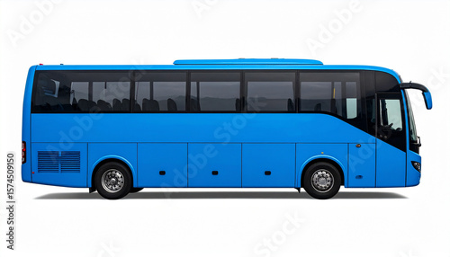 Modern Blue Tour Bus Side View Isolated on Clean White Background for Travel Company Promotion Long Distance Coach Service or Transportation Ad