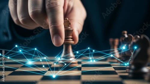 Chess Game Strategy: King Piece Move with Digital Network Overlay on Chessboard