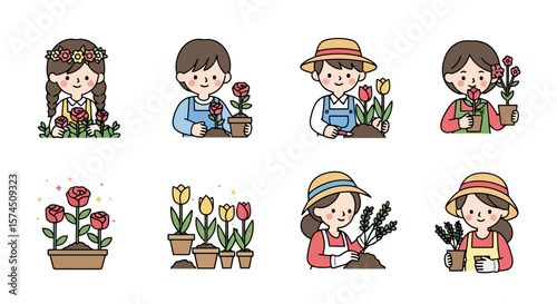 Cute Gardening Icons: People Planting Flowers and Plants