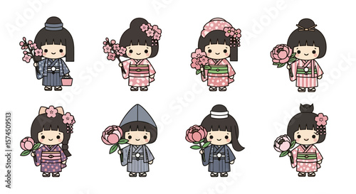 Kawaii Kokeshi Dolls with Floral Accents - Japanese Culture
