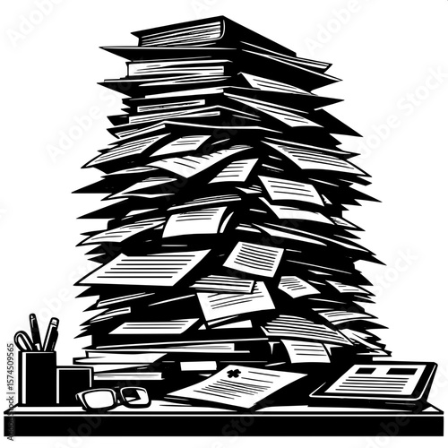 Black and White Vector Silhouette of a Stack of Office Papers